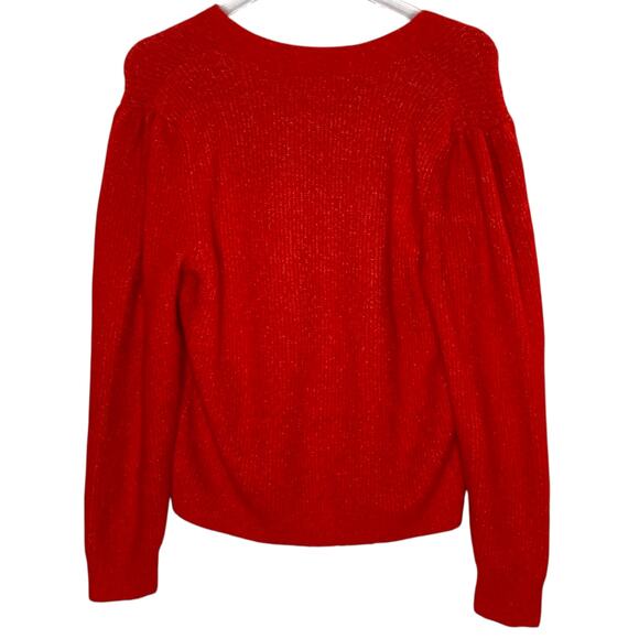 Loft L Womens Jeweled Button V Neck Cardigan Sweater Tango Red Fuzzy - Picture 3 of 8